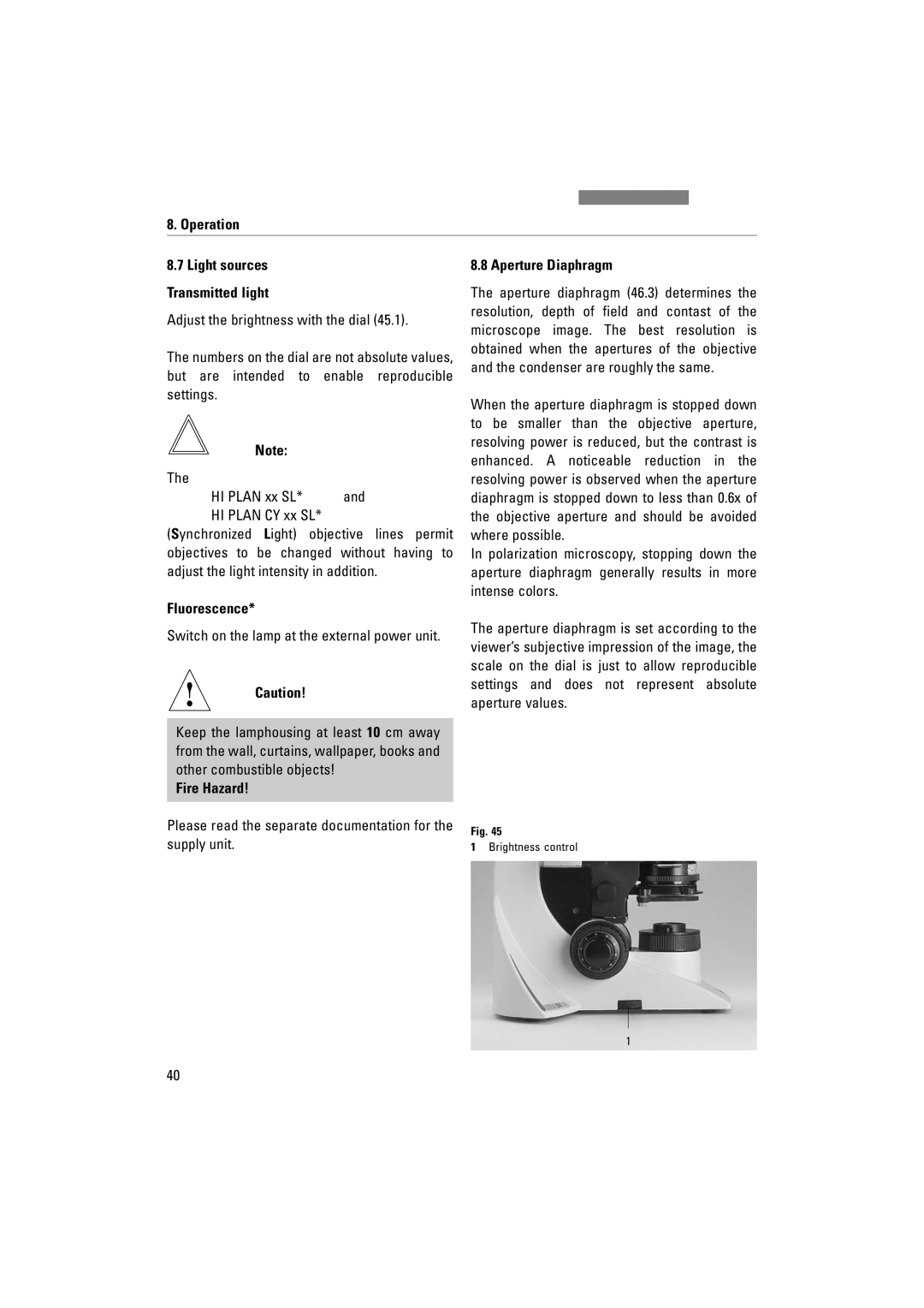 Leica DM1000 LED manual Fluorescence Aperture Diaphragm, Fire Hazard, Supply unit 