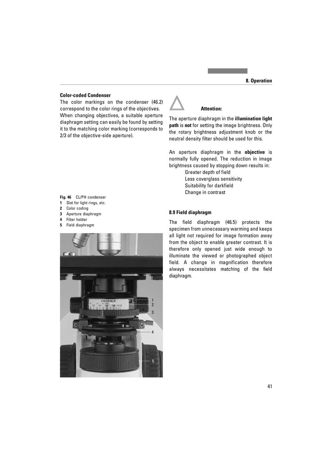 Leica DM1000 LED manual Operation Color-coded Condenser, Field diaphragm 