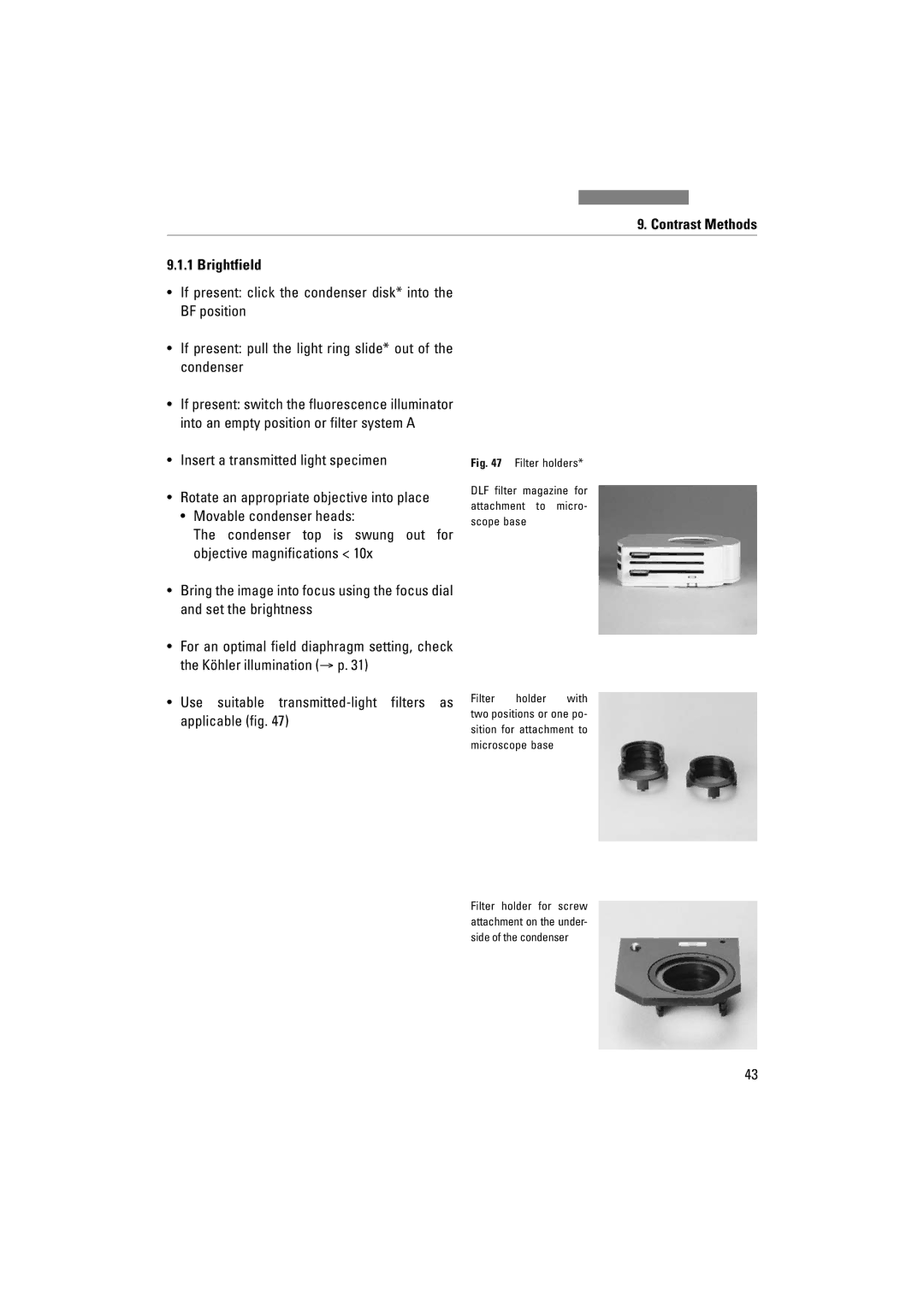 Leica DM1000 LED manual Contrast Methods Brightfield 