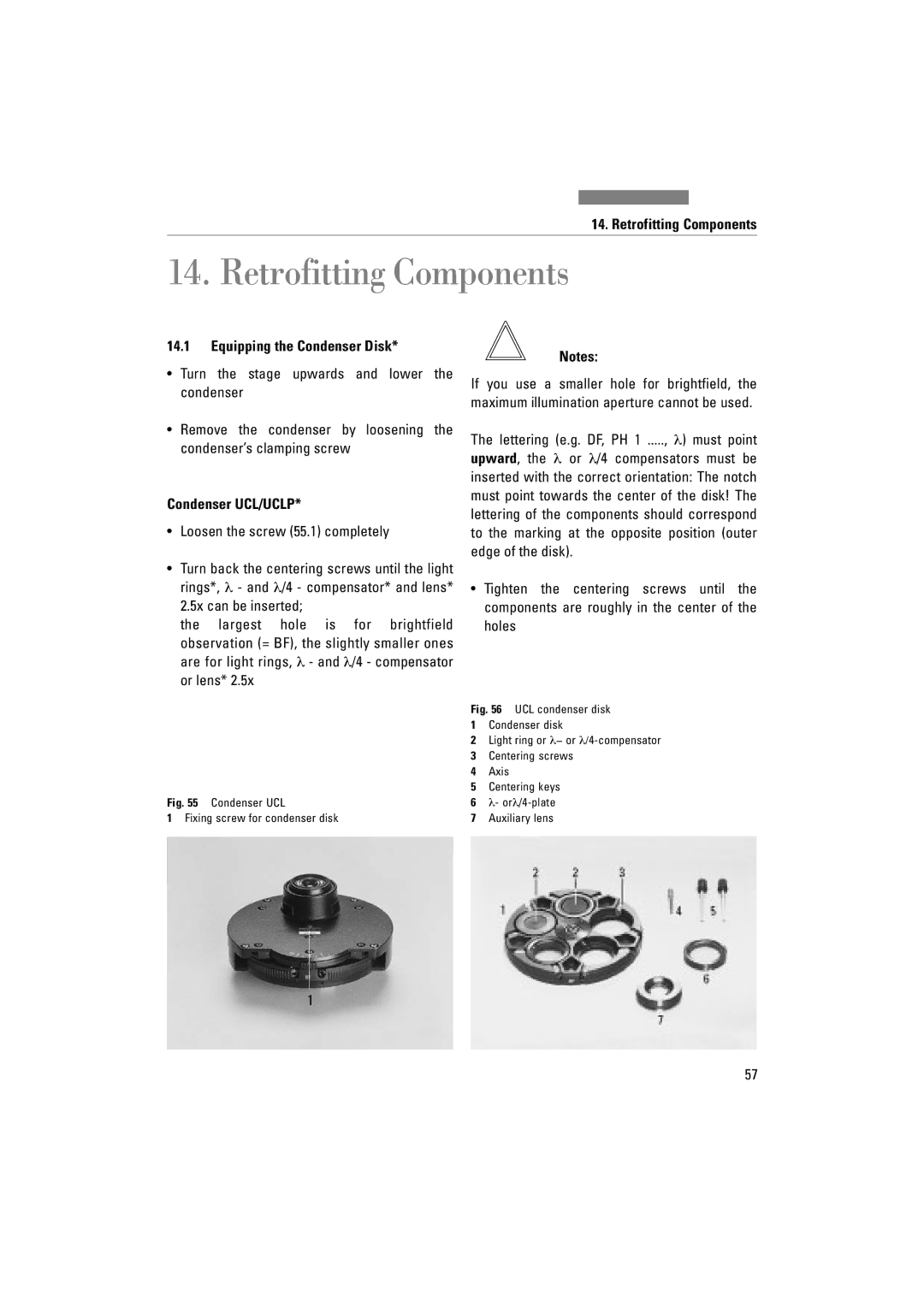 Leica DM1000 LED manual Retrofitting Components, Equipping the Condenser Disk, Condenser UCL/UCLP 