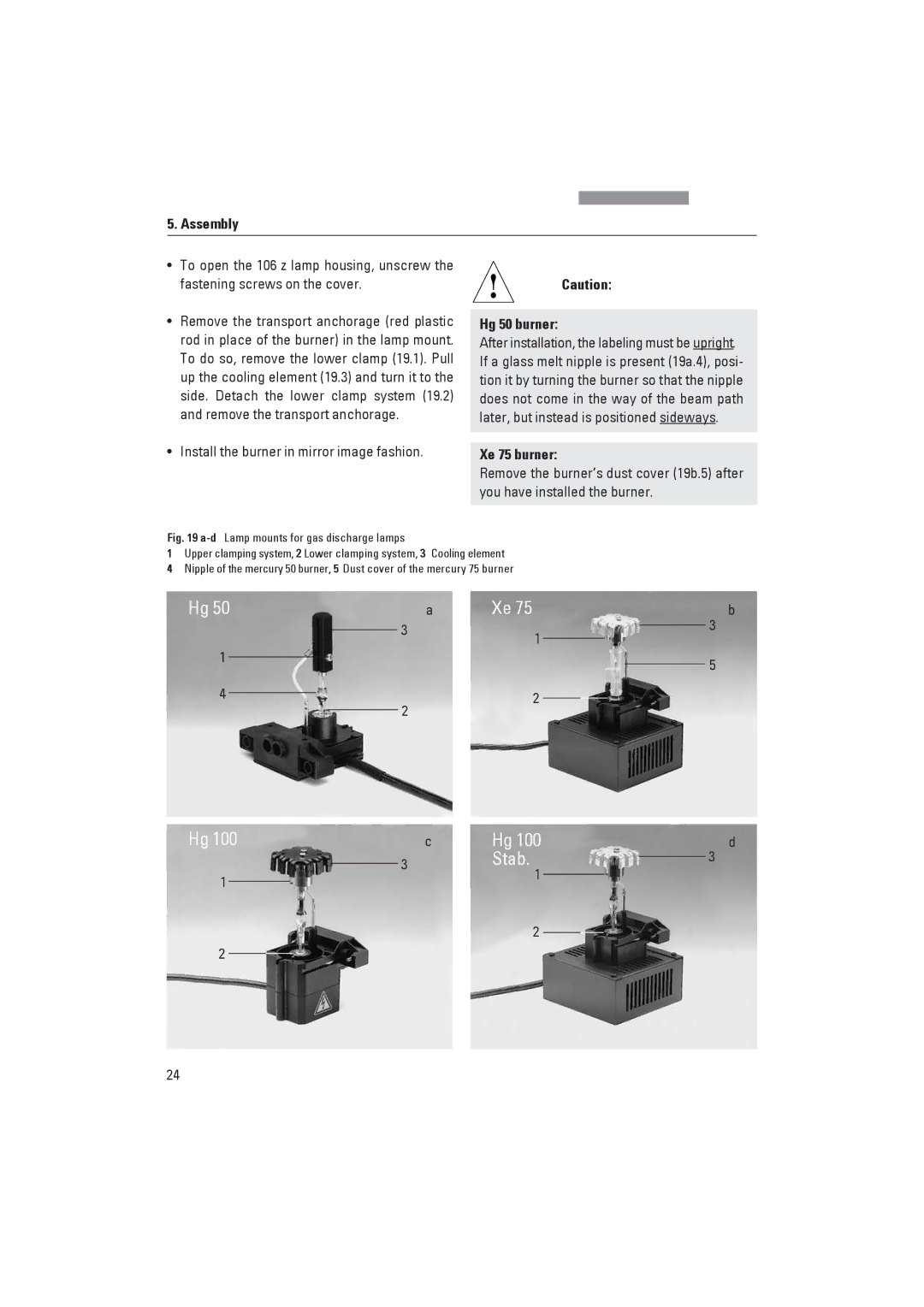 Leica DM4000M, DM4000B manual Install the burner in mirror image fashion, Hg 50 burner, Xe 75 burner 