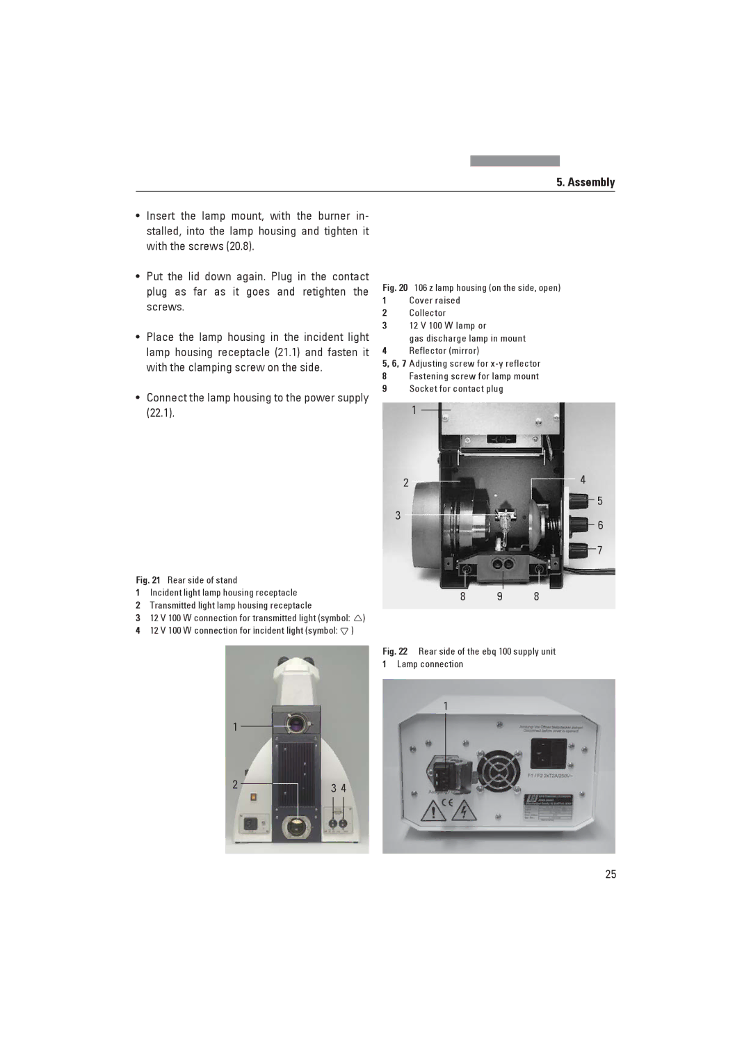 Leica DM4000B, DM4000M Connect the lamp housing to the power supply, Rear side of the ebq 100 supply unit Lamp connection 