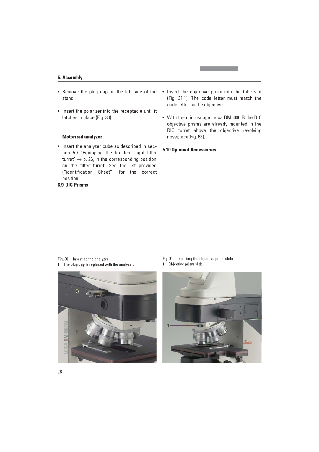 Leica DM4000M, DM4000B Motorized analyzer, Identification Sheet for the correct position, DIC Prisms, Optional Accessories 