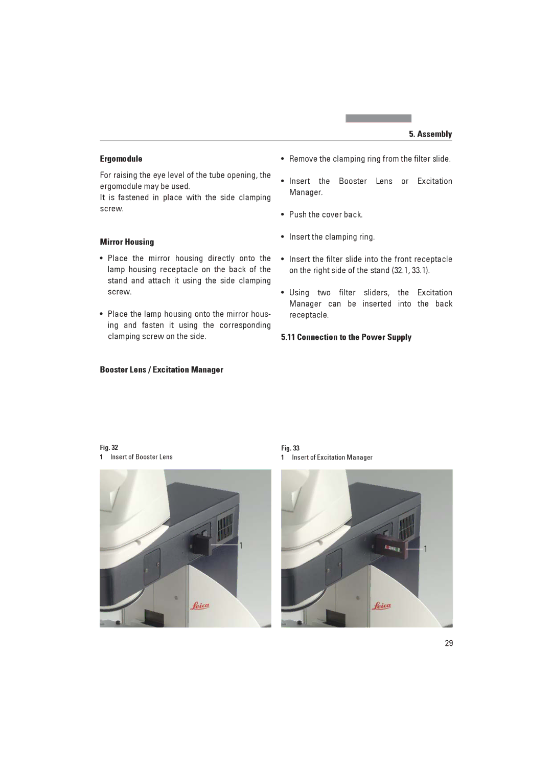 Leica DM4000B manual Assembly Ergomodule, Mirror Housing, Booster Lens / Excitation Manager, Connection to the Power Supply 