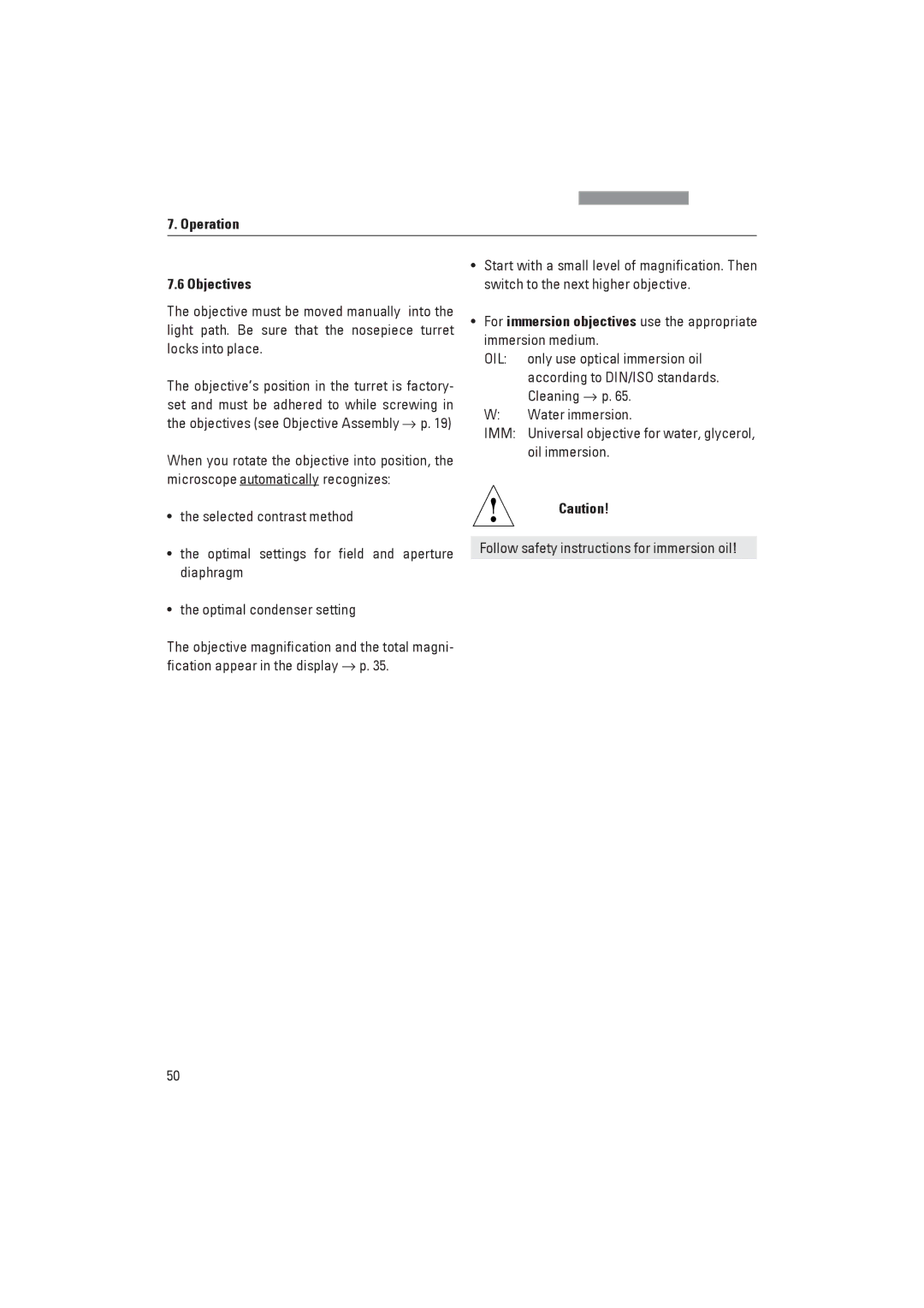 Leica DM4000M, DM4000B manual Operation Objectives, Follow safety instructions for immersion oil 