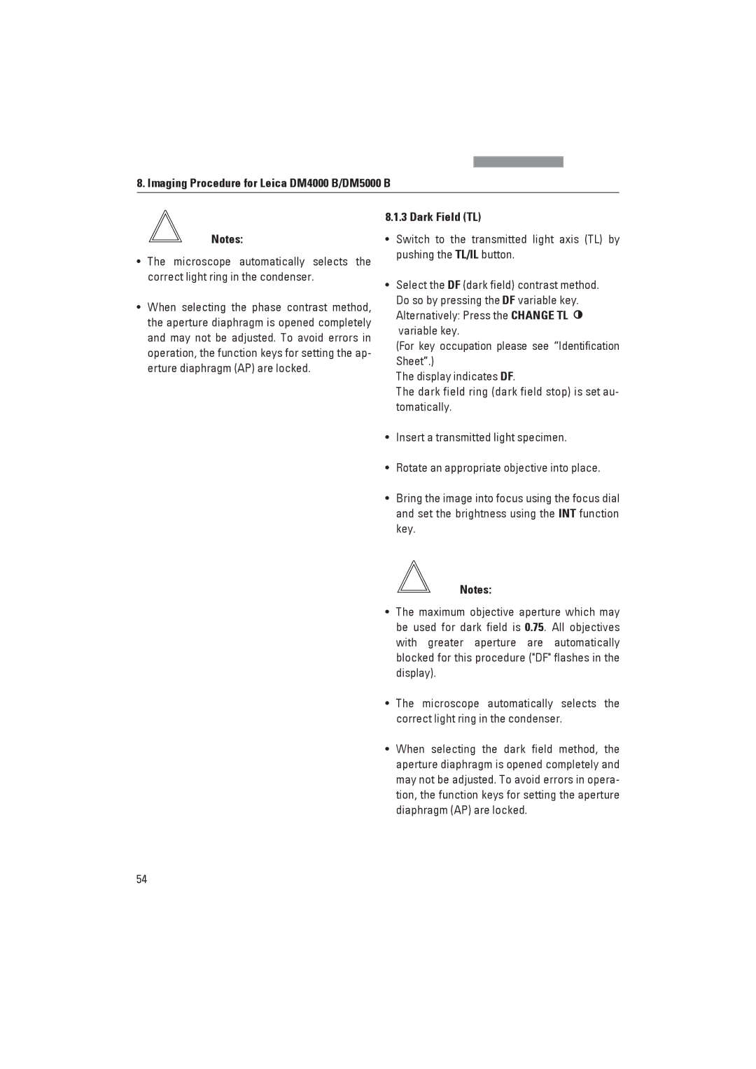 Leica DM4000M, DM4000B manual Imaging Procedure for Leica DM4000 B/DM5000 B, Dark Field TL 