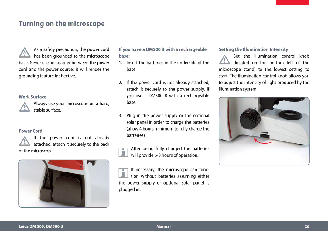 Leica DM500 B manual Turning on the microscope, Work Surface, Power Cord 