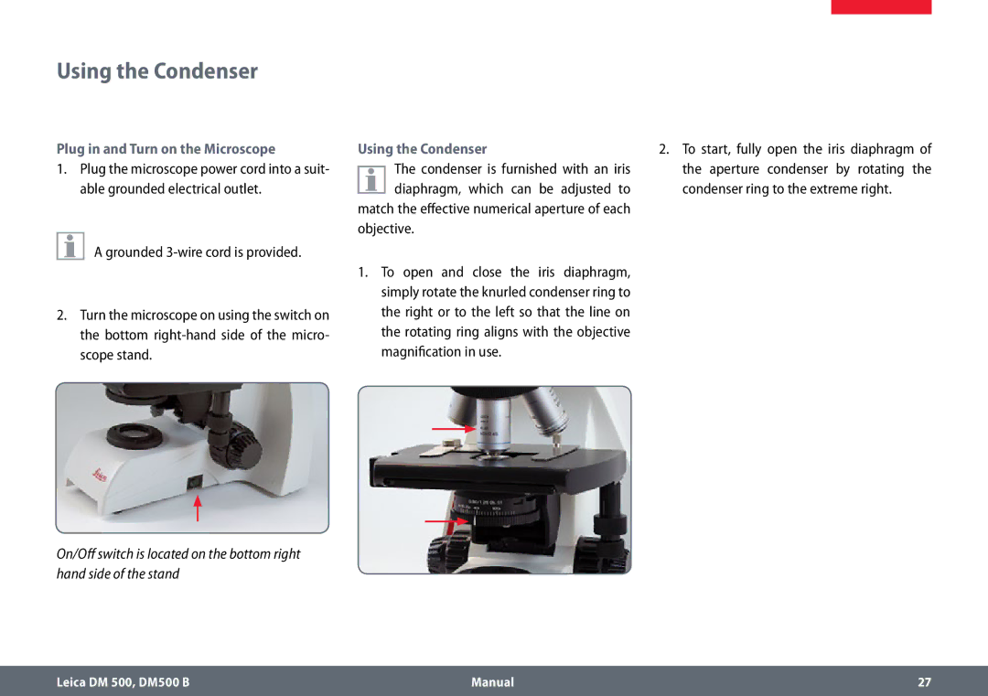 Leica DM500 B manual Using the Condenser, Plug in and Turn on the Microscope, Objective 