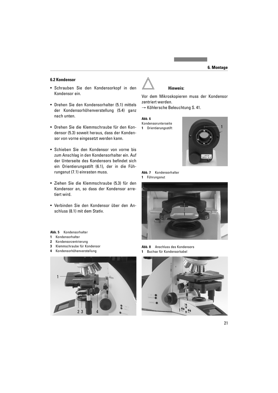 Leica DM4500P, DM5000B, DM4000M manual Montage Kondensor, Hinweis 