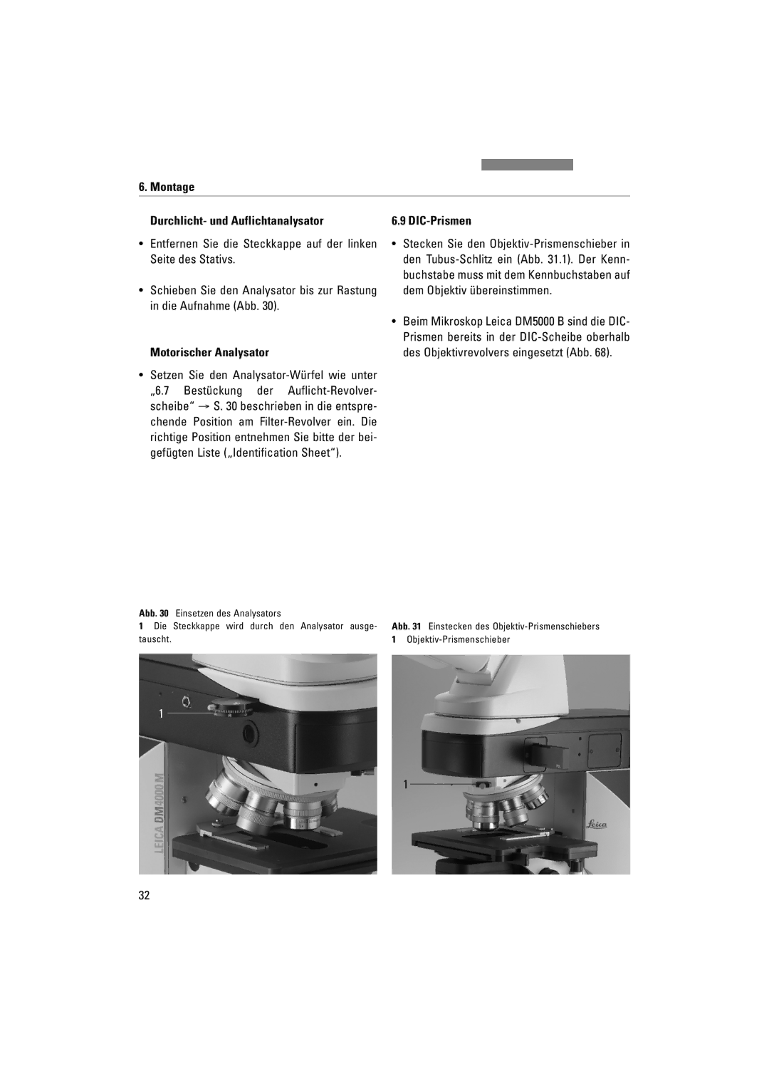 Leica DM4000M, DM5000B, DM4500P manual Montage Durchlicht- und Auflichtanalysator, Motorischer Analysator 