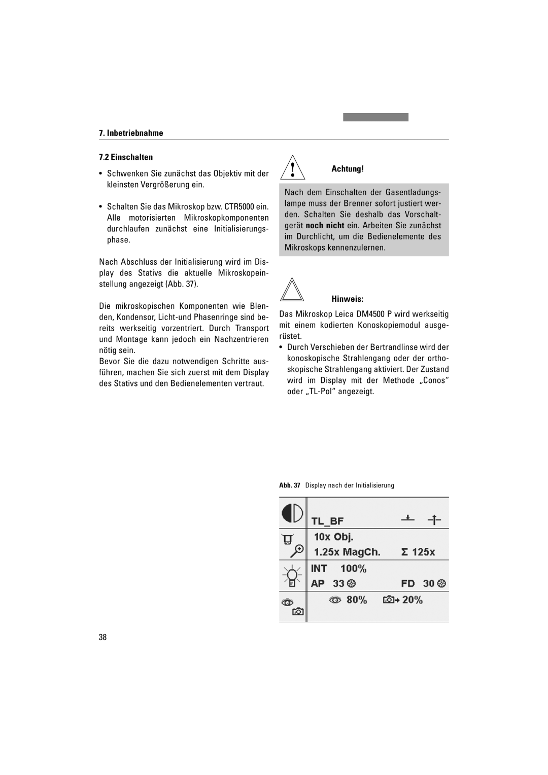 Leica DM4000M, DM5000B, DM4500P manual Inbetriebnahme Einschalten, Achtung 