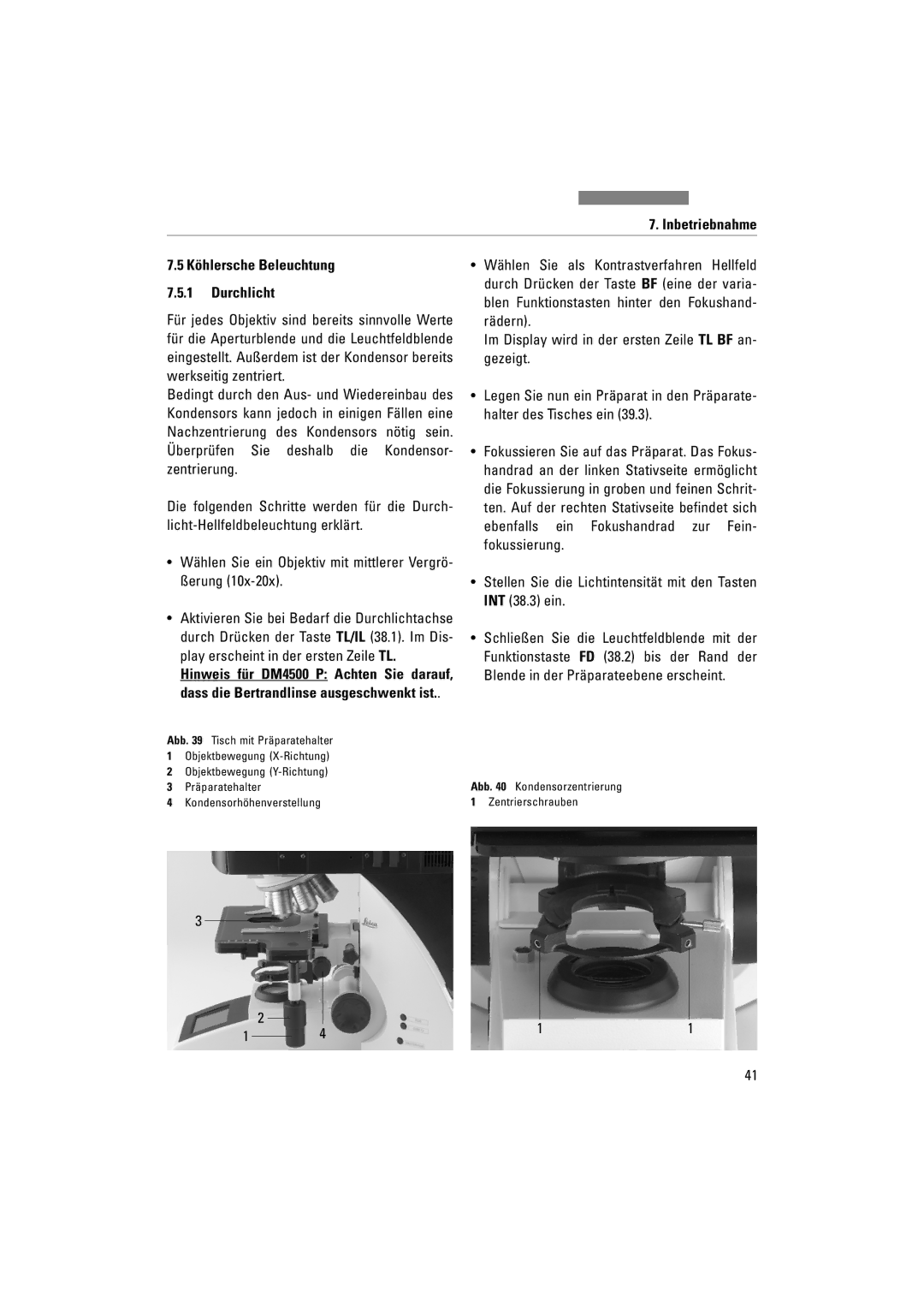 Leica DM4000M, DM5000B, DM4500P manual Inbetriebnahme Köhlersche Beleuchtung Durchlicht 