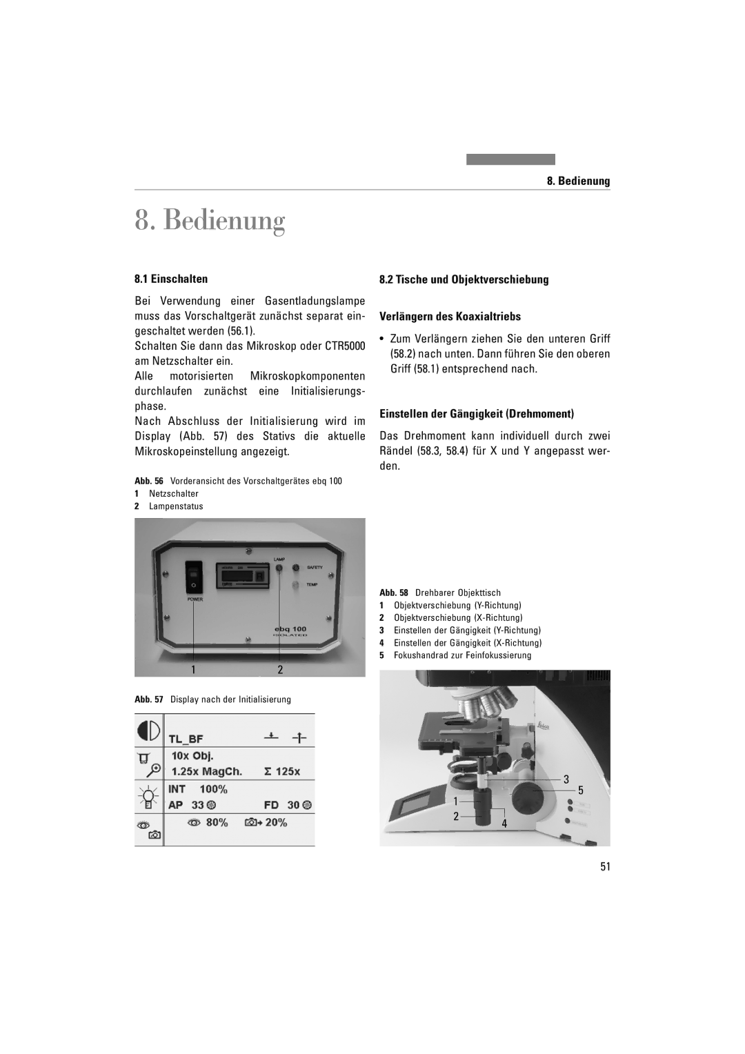 Leica DM4500P Bedienung, Tische und Objektverschiebung Verlängern des Koaxialtriebs, Einstellen der Gängigkeit Drehmoment 