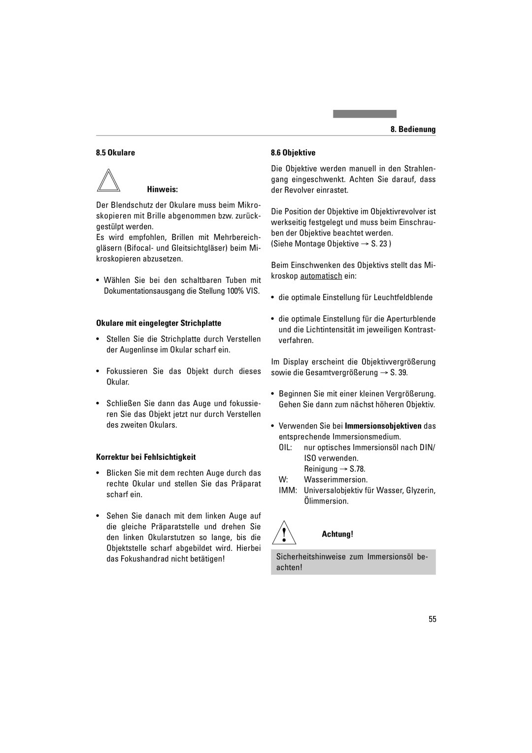 Leica DM5000B, DM4000M manual Bedienung Okulare Hinweis, Okulare mit eingelegter Strichplatte, Korrektur bei Fehlsichtigkeit 