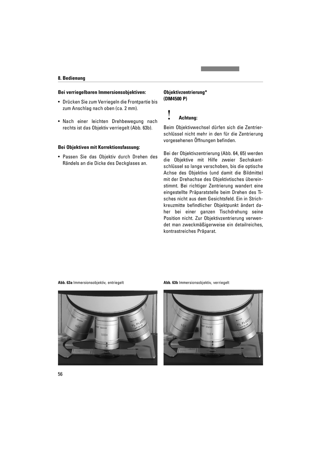 Leica DM4000M, DM5000B, DM4500P manual Bei Objektiven mit Korrektionsfassung, Bei verriegelbaren Immersionsobjektiven 