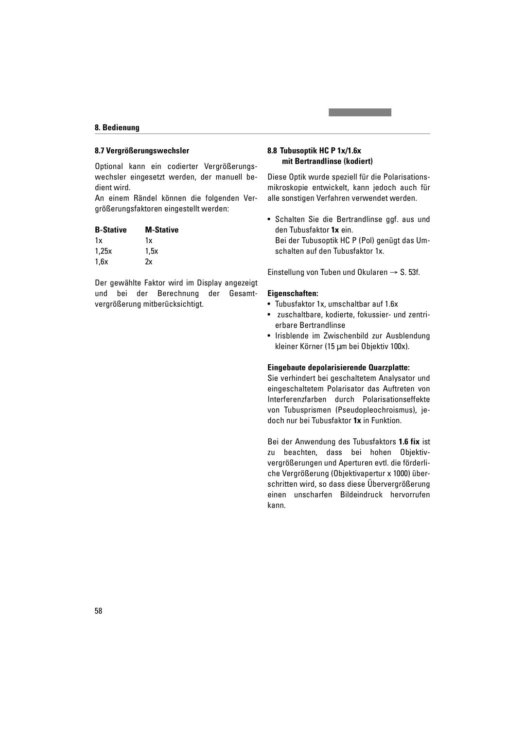 Leica DM5000B, DM4000M Bedienung Vergrößerungswechsler, Stative, Einstellung von Tuben und Okularen → S f, Eigenschaften 