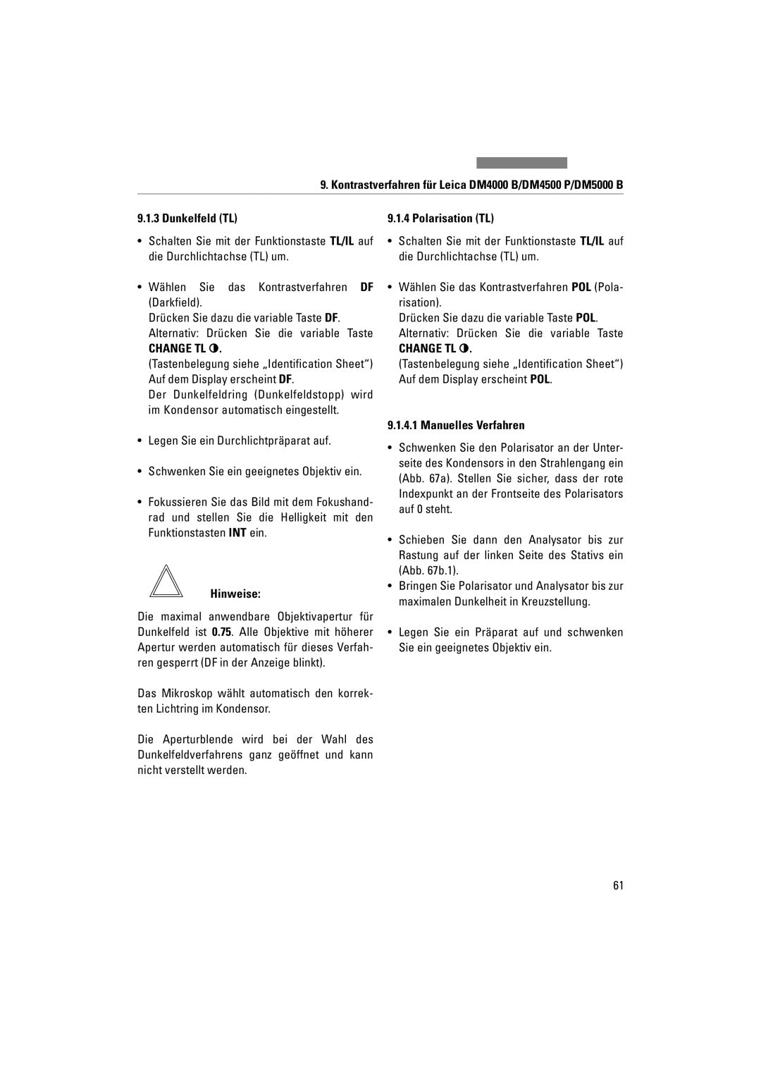 Leica DM5000B, DM4000M, DM4500P manual Dunkelfeld TL, Polarisation TL, Manuelles Verfahren 
