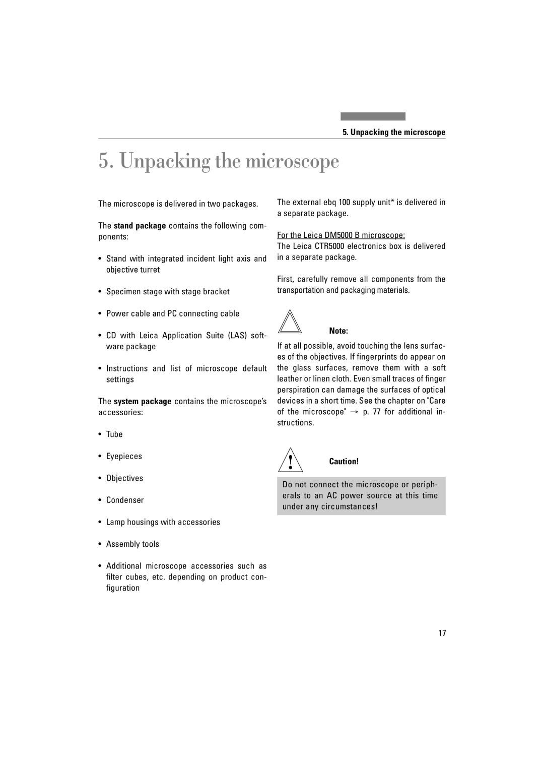 Leica DM4500P, DM5000B, DM4000M manual Unpacking the microscope 