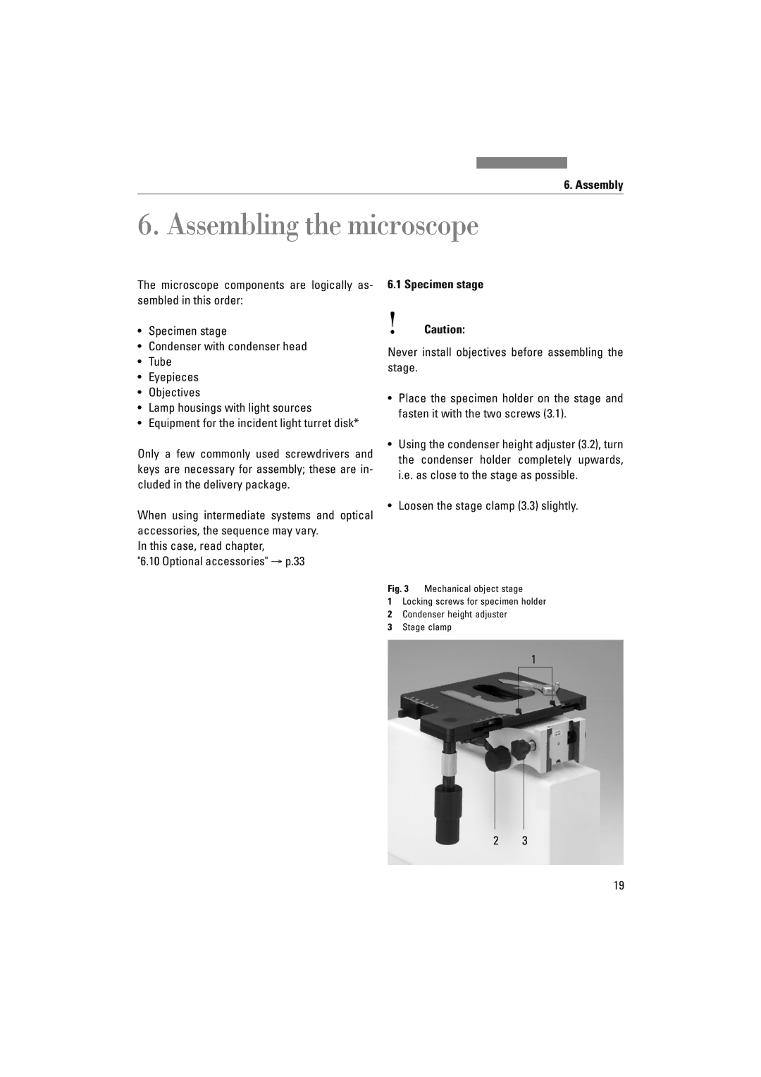 Leica DM4000M, DM5000B, DM4500P manual Assembling the microscope, Assembly, Loosen the stage clamp 3.3 slightly 