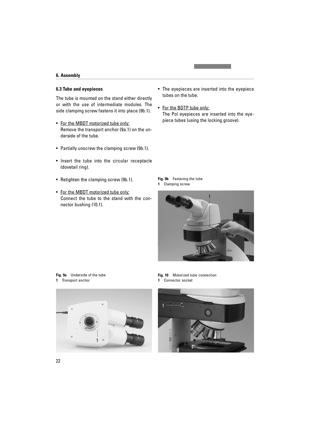 Leica DM4000M, DM5000B, DM4500P manual Assembly Tube and eyepieces, Fastening the tube Clamping screw 