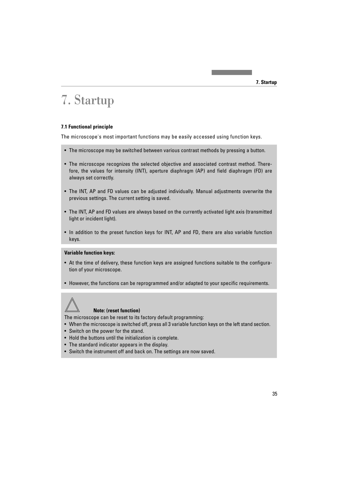 Leica DM4500P, DM5000B, DM4000M manual Startup, Functional principle, Variable function keys 