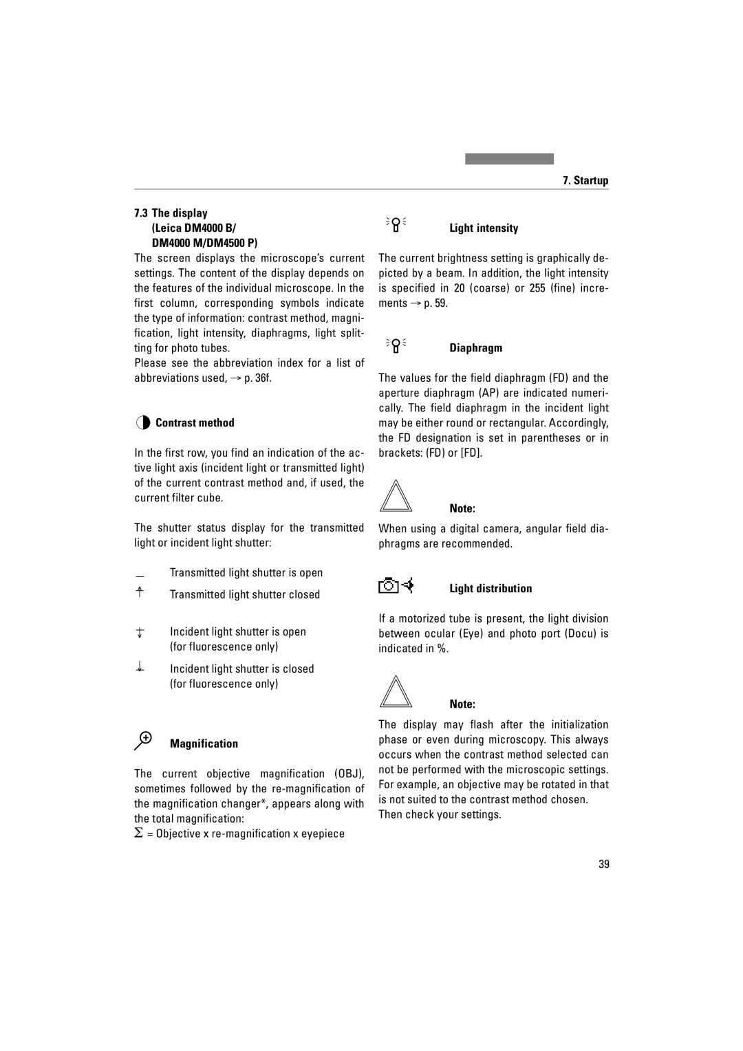 Leica DM5000B manual Startup Display Leica DM4000 B/ DM4000 M/DM4500 P, Contrast method, Magnification, Light distribution 