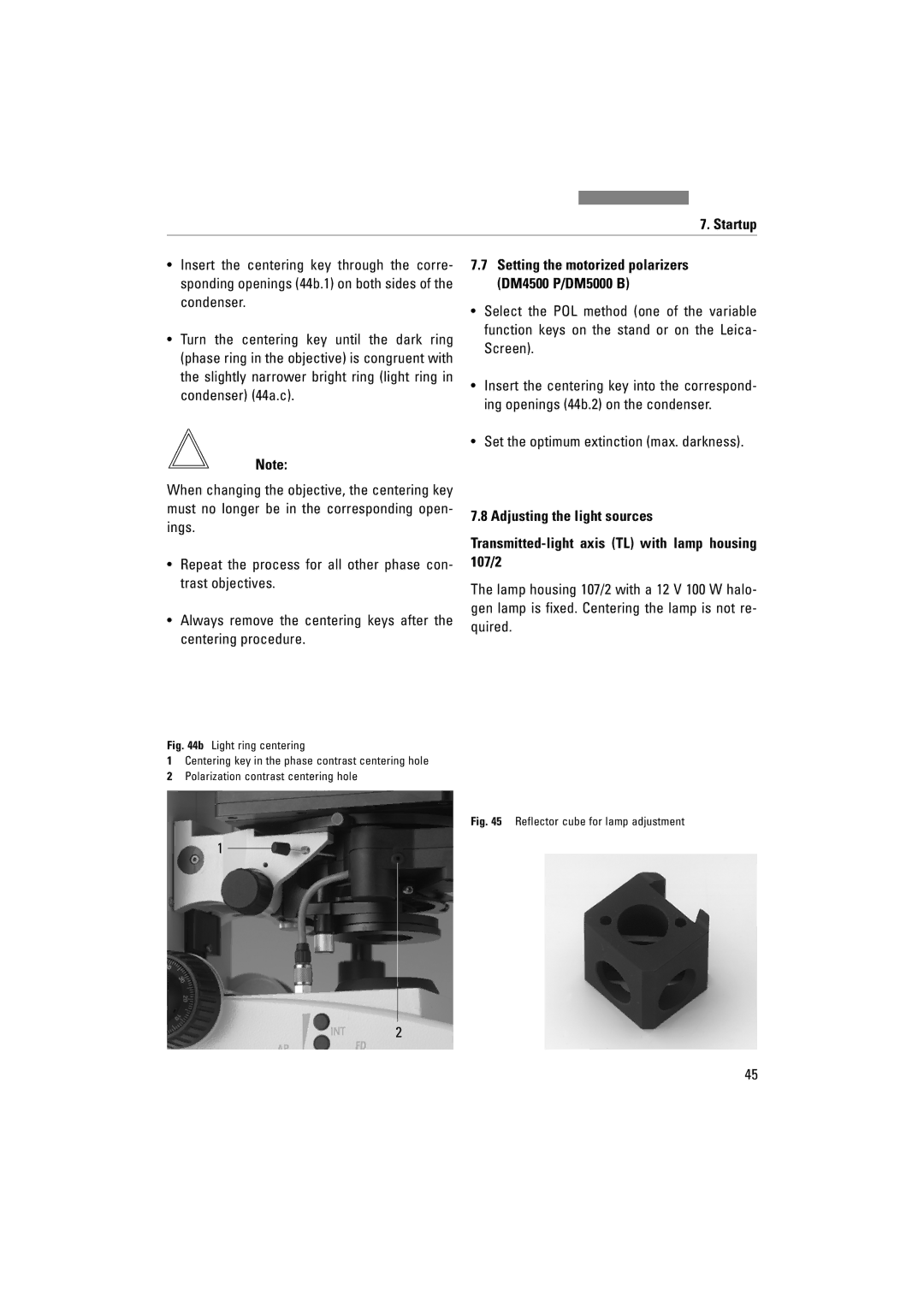 Leica DM5000B, DM4000M, DM4500P manual Set the optimum extinction max. darkness, Reflector cube for lamp adjustment 