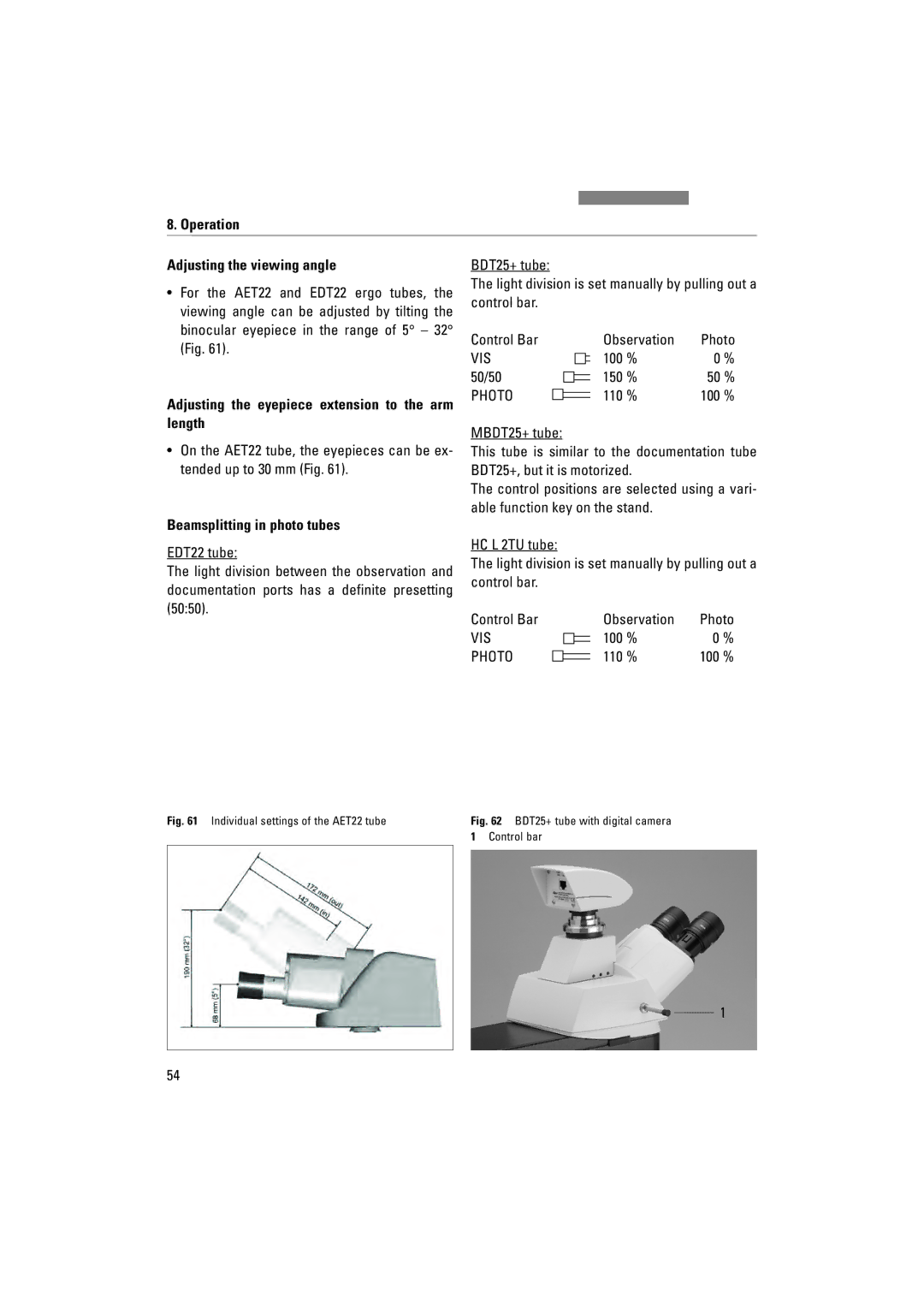 Leica DM5000B, DM4000M, DM4500P Operation Adjusting the viewing angle, Adjusting the eyepiece extension to the arm length 