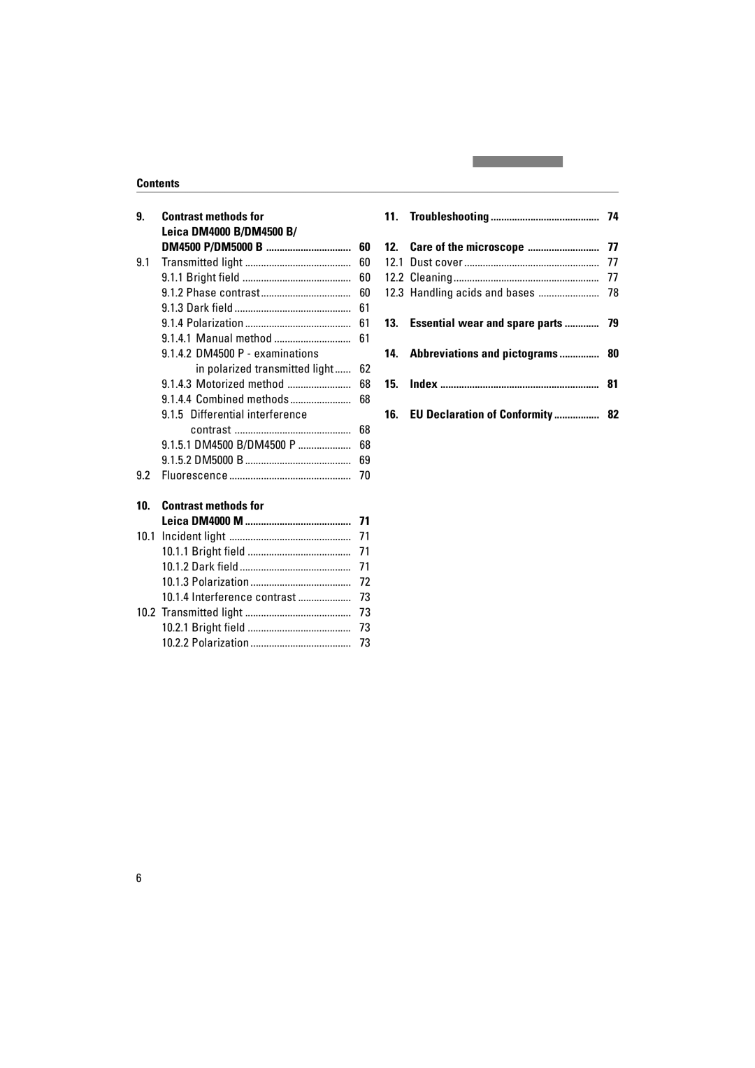 Leica DM5000B Contents Contrast methods for, Leica DM4000 B/DM4500 B, 4.2 DM4500 P examinations, Differential interference 