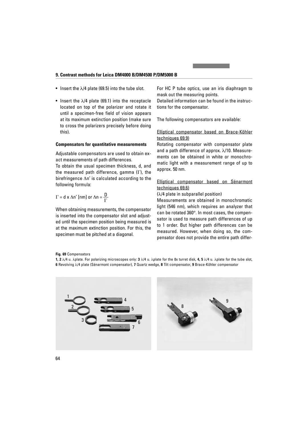 Leica DM4000M, DM5000B, DM4500P manual Elliptical compensator based on Sénarmont techniques, Compensators 