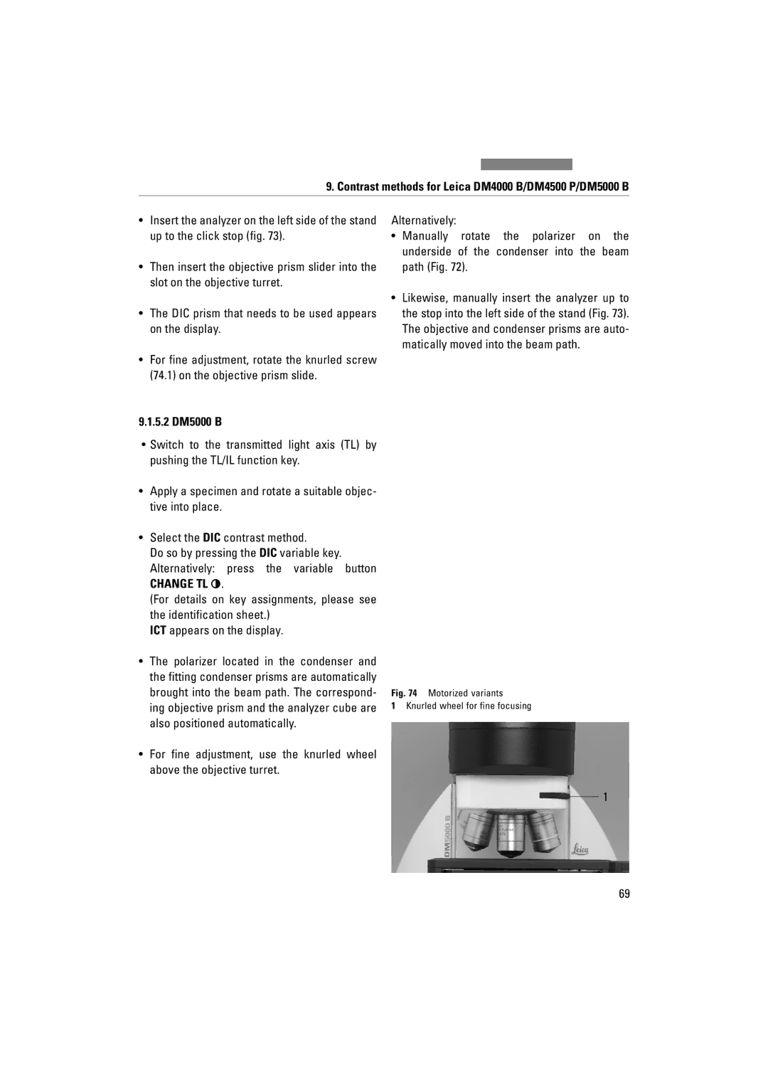 Leica DM5000B, DM4000M, DM4500P manual 5.2 DM5000 B, Motorized variants Knurled wheel for fine focusing 