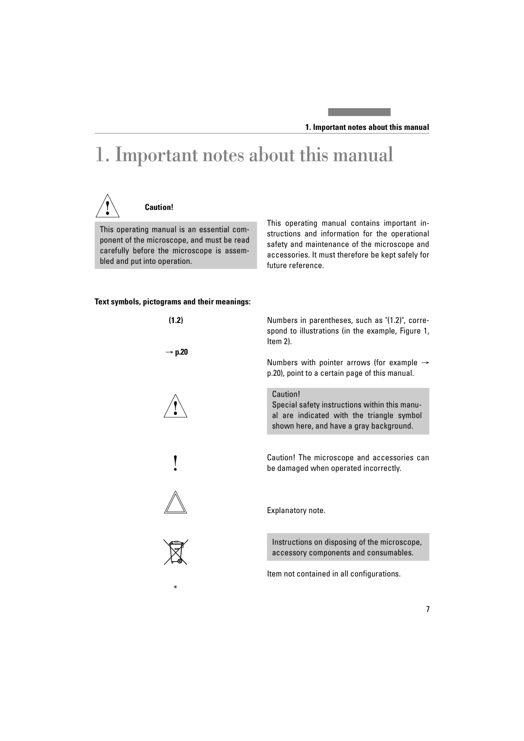 Leica DM4000M Important notes about this manual, → p.20, Explanatory note, Item not contained in all configurations 