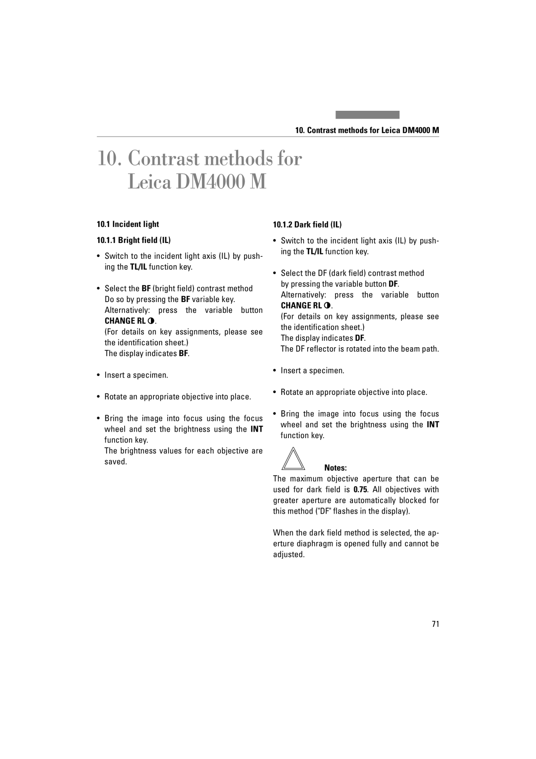 Leica DM4500P, DM5000B, DM4000M manual Contrast methods for Leica DM4000 M, Dark field IL 