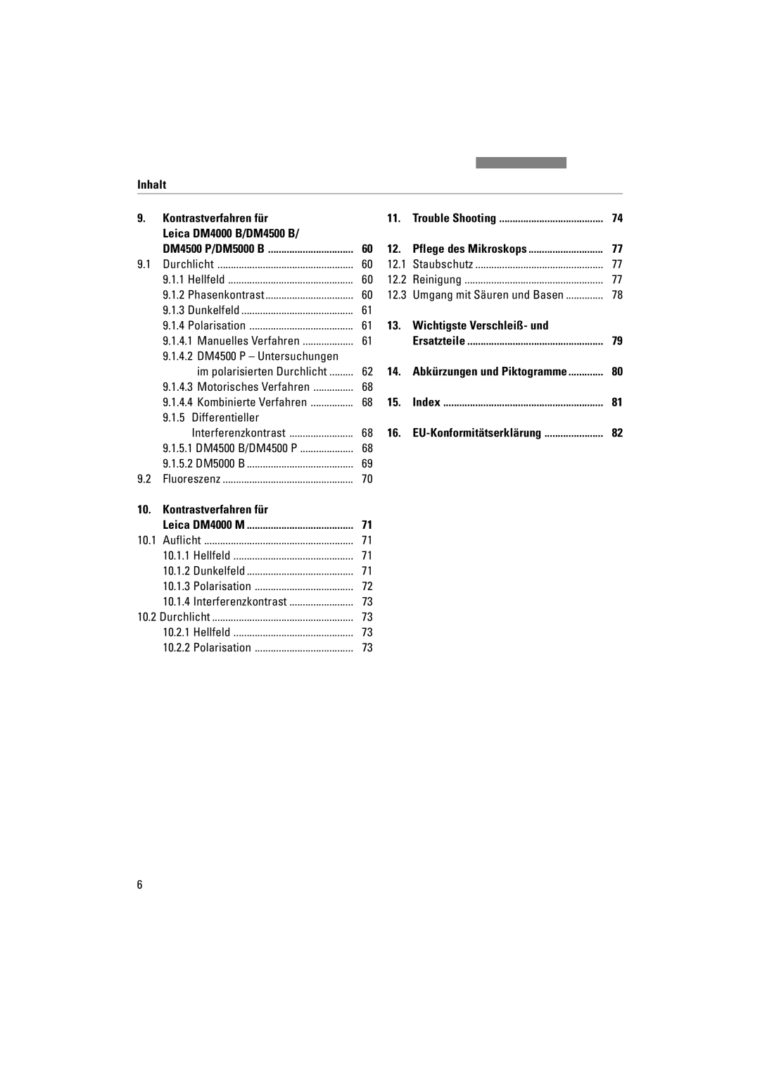 Leica DM4500P manual Inhalt Kontrastverfahren für, Wichtigste Verschleiß- und, Im polarisierten Durchlicht, Differentieller 