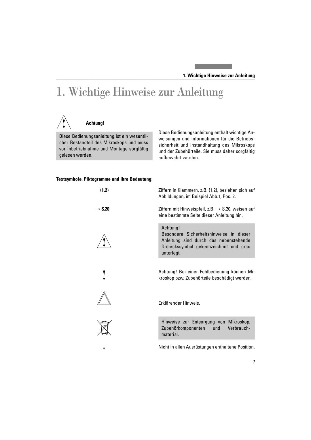 Leica DM5000B, DM4000M manual Wichtige Hinweise zur Anleitung, Achtung, Textsymbole, Piktogramme und ihre Bedeutung → S.20 