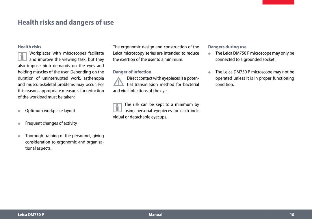 Leica dm750 p manual Health risks and dangers of use, Viral infections of the eye, Vidual or detachable eyecups 