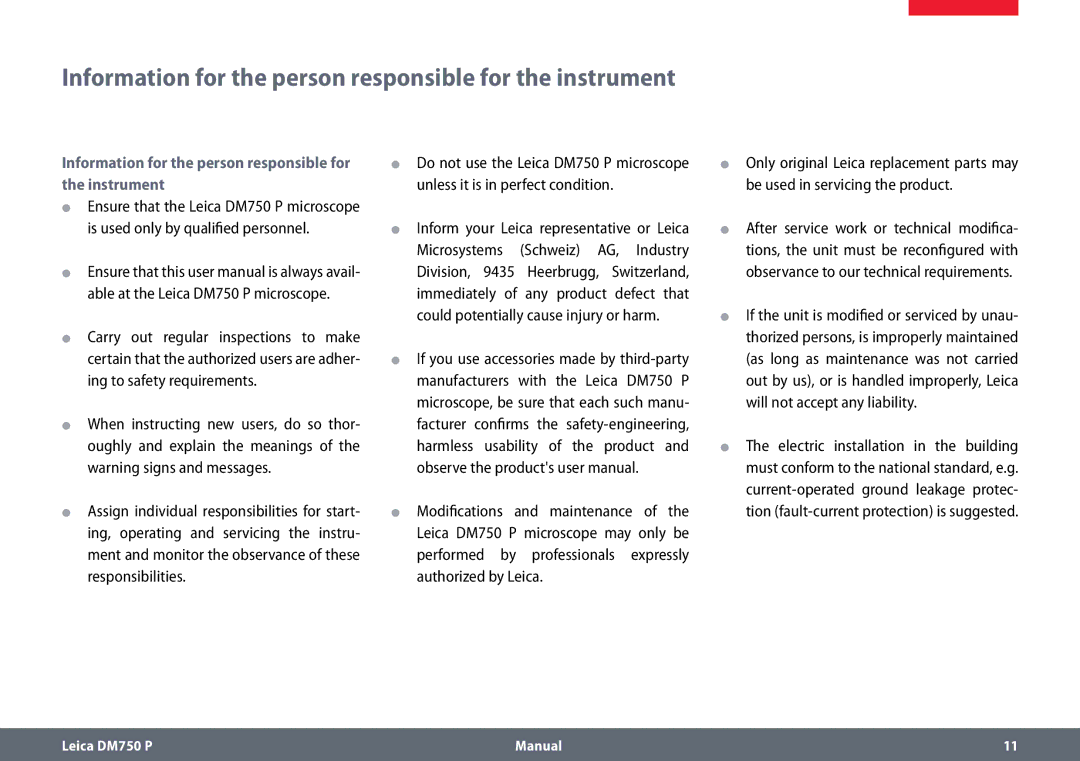 Leica dm750 p manual Information for the person responsible for the instrument 