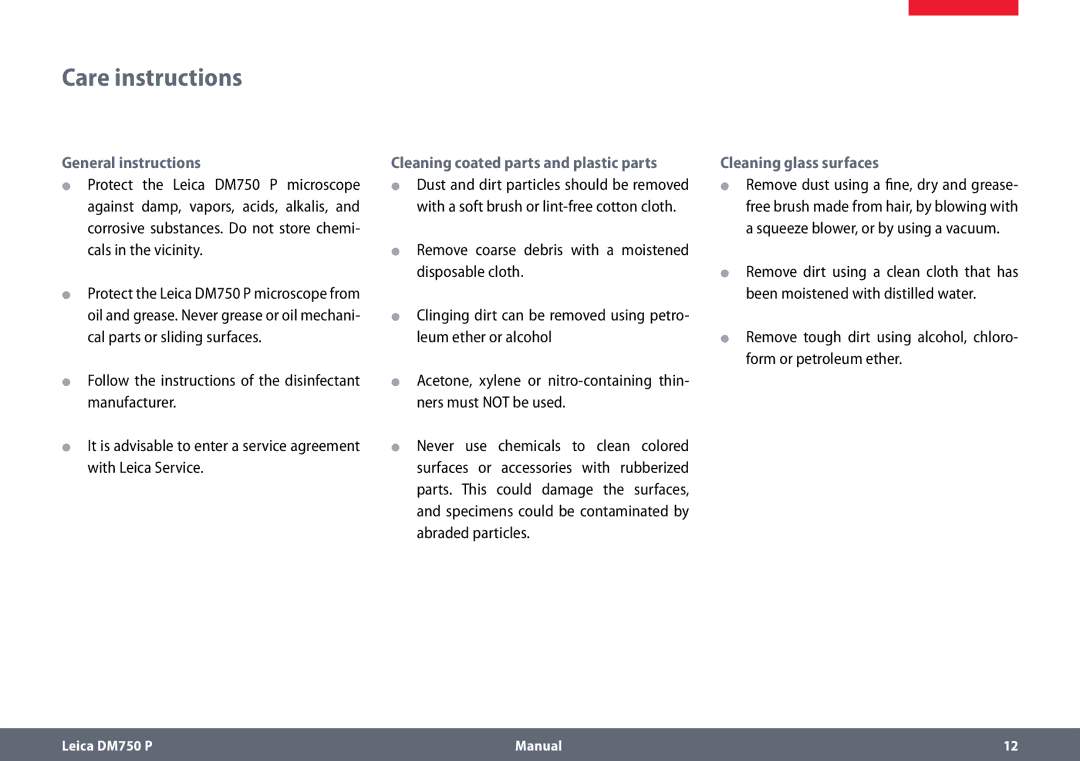 Leica dm750 p Care instructions, General instructions, Cleaning coated parts and plastic parts, Cleaning glass surfaces 