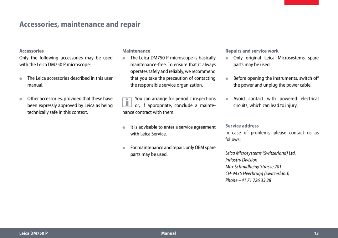 Leica dm750 p manual Accessories, maintenance and repair, Maintenance, Repairs and service work, Service address 