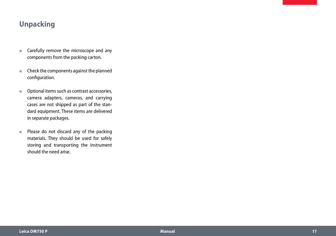 Leica dm750 p manual Unpacking, Check the components against the planned configuration 