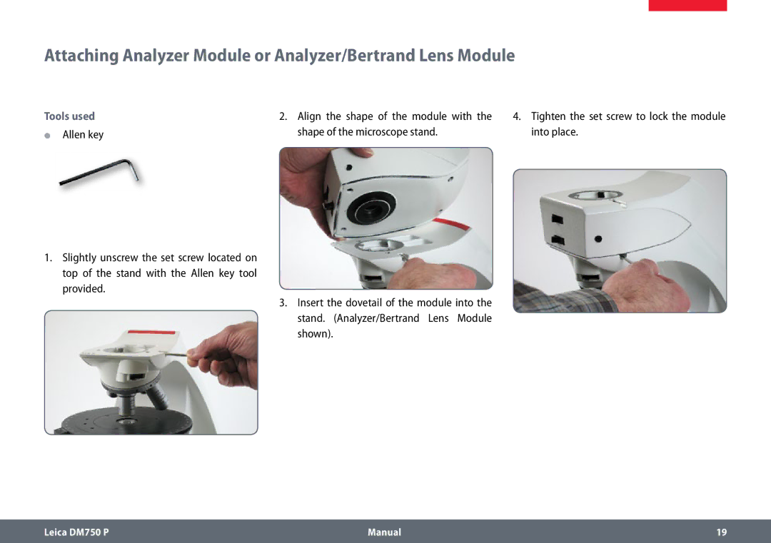 Leica dm750 p manual Attaching Analyzer Module or Analyzer/Bertrand Lens Module, Tools used 