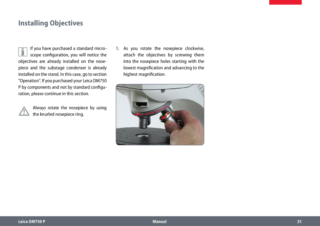 Leica dm750 p manual Installing Objectives 