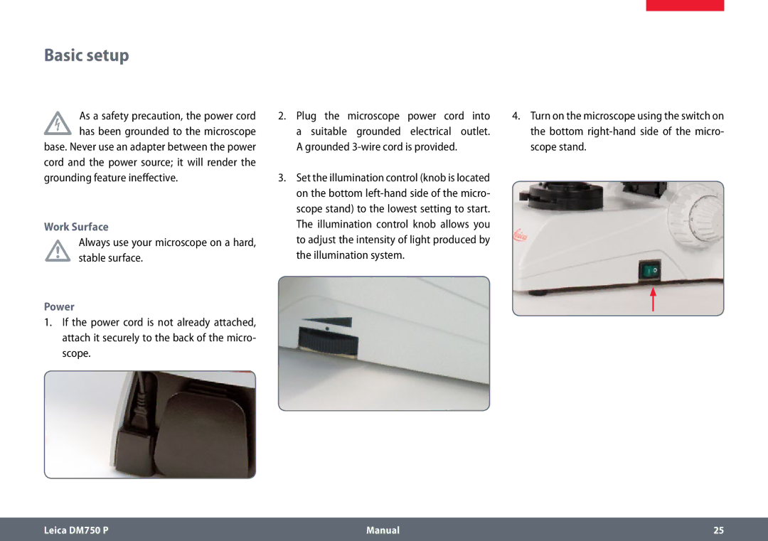 Leica dm750 p manual Basic setup, Work Surface, Power 