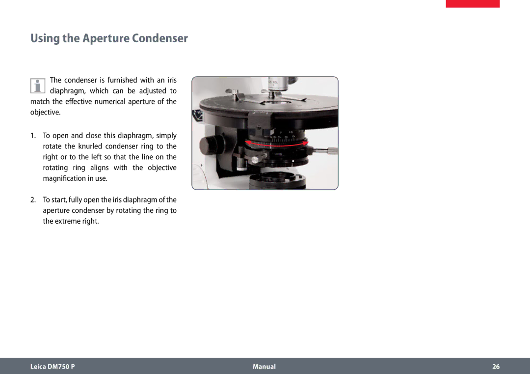 Leica dm750 p manual Using the Aperture Condenser, Objective 