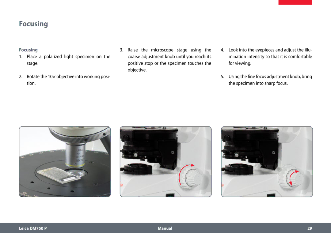 Leica dm750 p manual Focusing 