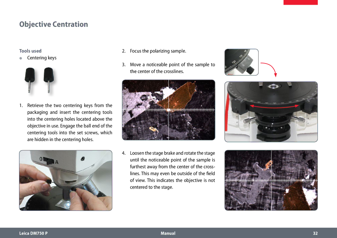 Leica dm750 p manual Objective Centration, ϘϘ Centering keys, Focus the polarizing sample 