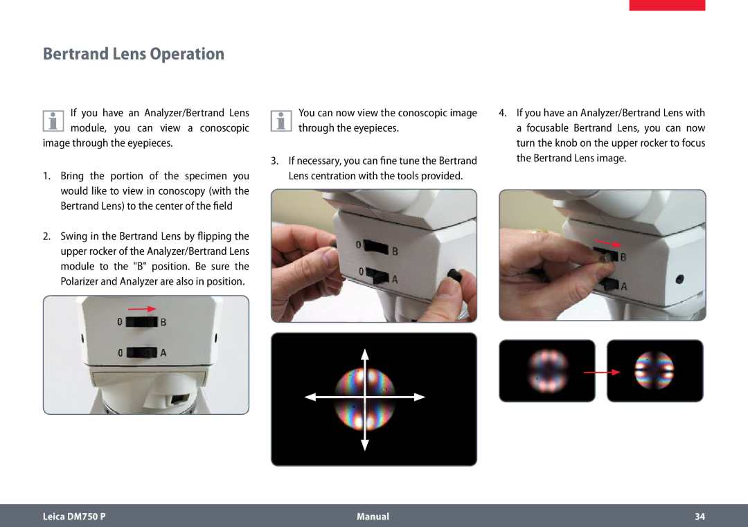 Leica dm750 p manual Bertrand Lens Operation, Image through the eyepieces 