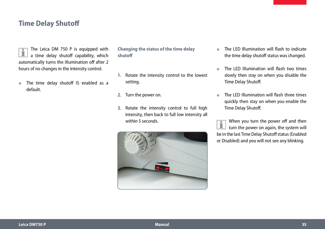 Leica dm750 p manual Time Delay Shutoff, Changing the status of the time delay shutoff 