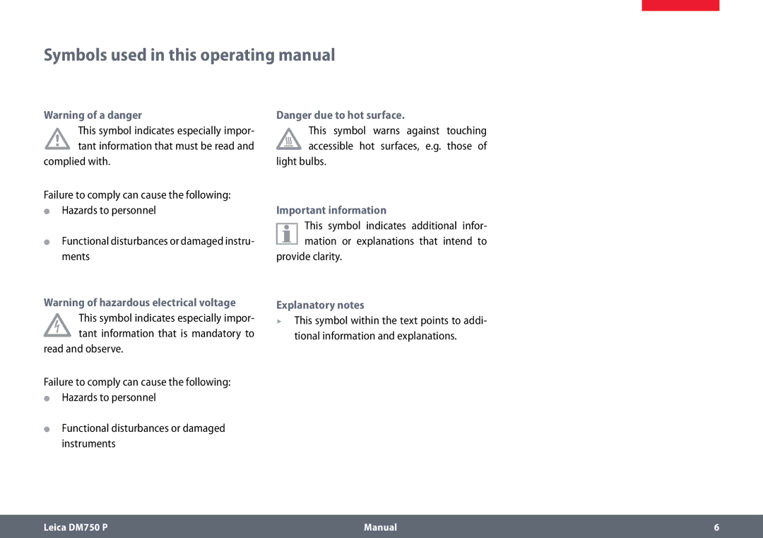 Leica dm750 p Symbols used in this operating manual, Light bulbs, Important information, Provide clarity 