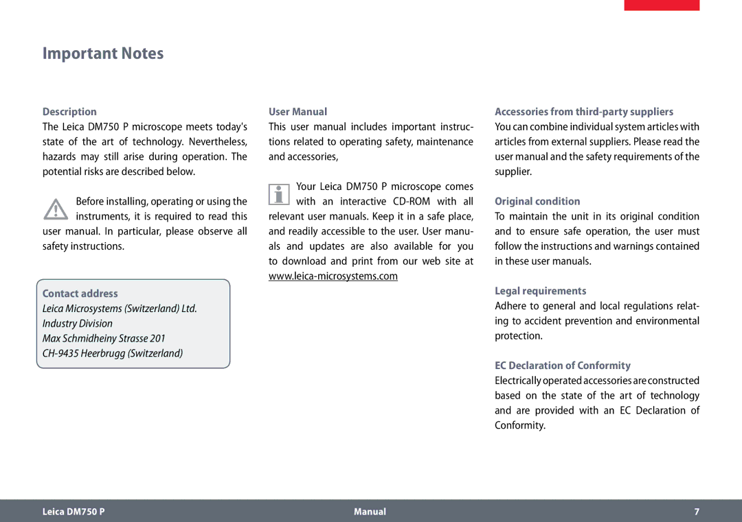 Leica dm750 p manual Important Notes, Description, Contact address, EC Declaration of Conformity 